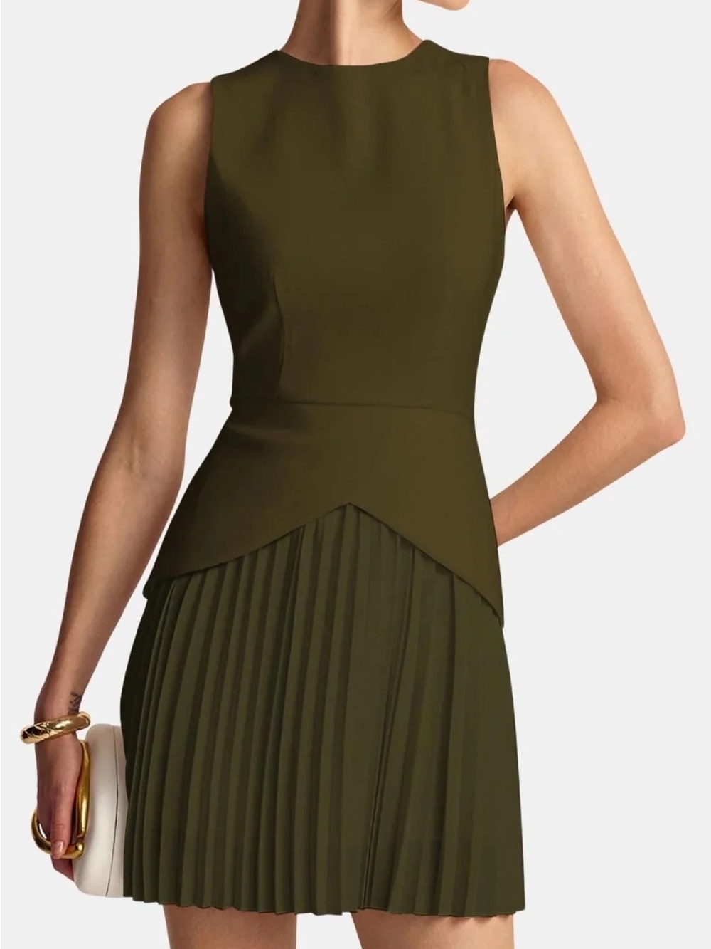Commense Olive Sleeveless Pleated Peplum Dress